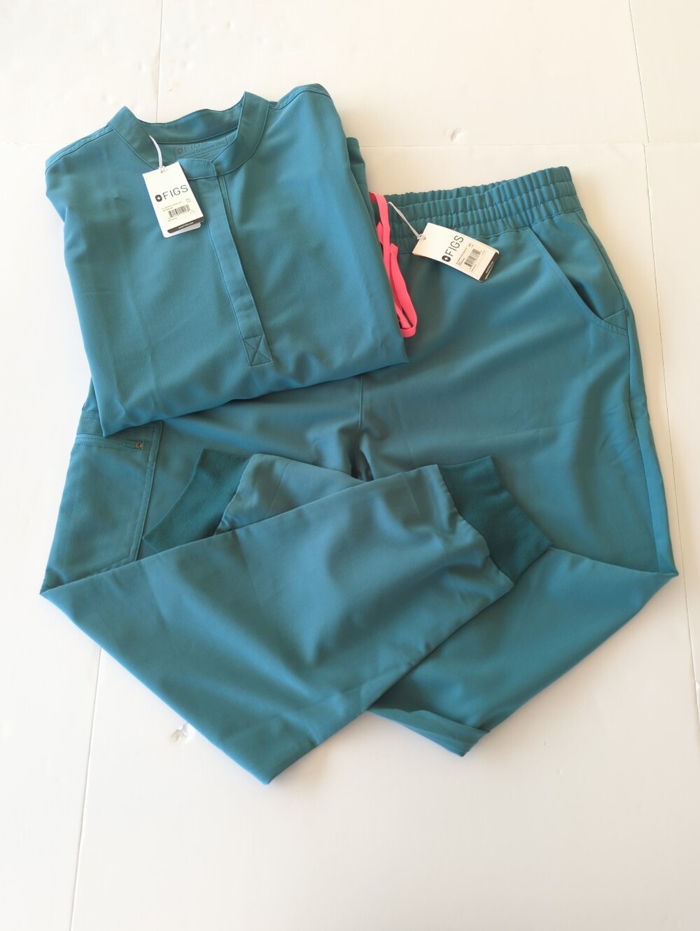 Figs Teal Scrub Set with Pink Drawstring Accent